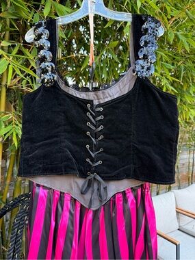 Saloon Girl Costume Black Velvet Sequin Top with Striped Satin Skirt